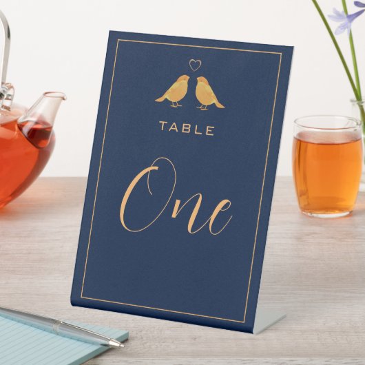 Elegant Navy Blue Gold Birds Table Number Reclamebord Met Voetstuk (Insitu)