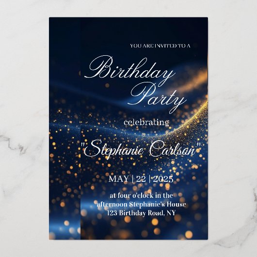 Elegant Navy Blue & Gold Birthday Party Invitation Folie Uitnodiging (Voorkant)