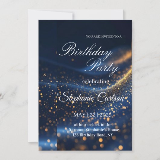 Elegant Navy Blue & Gold Birthday Party Invitation Kaart (Voorkant)