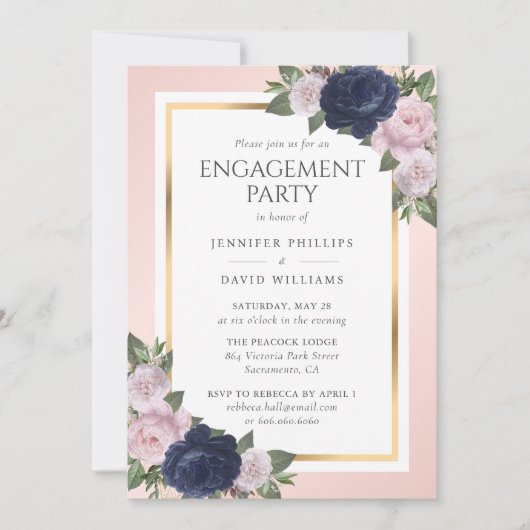 Elegant Navy Blue Gold Blush Engagement Party Kaart (Voorkant)