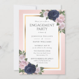 Elegant Navy Blue Gold Blush Engagement Party Kaart