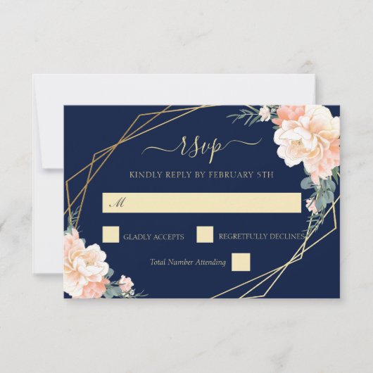 Elegant Navy Blue Gold Blush Peach Floral Wedding RSVP Kaartje (Voorkant)