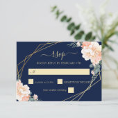 Elegant Navy Blue Gold Blush Peach Floral Wedding RSVP Kaartje (Staand voorkant)