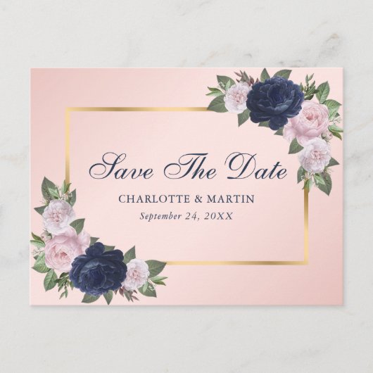 Elegant Navy Blue Gold Blush Pink Floral Wedding Aankondigingskaart (Voorkant)