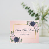 Elegant Navy Blue Gold Blush Pink Floral Wedding Aankondigingskaart (Staand voorkant)