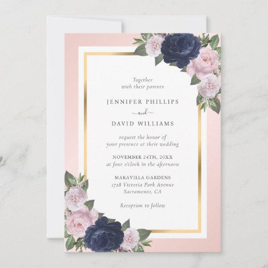 Elegant Navy Blue Gold Blush Pink Floral Wedding Kaart (Voorkant)