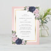 Elegant Navy Blue Gold Blush Pink Floral Wedding Kaart (Staand voorkant)