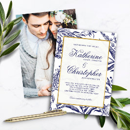 Elegant Navy Blue Gold Botanical Foto Weddenschap Kaart