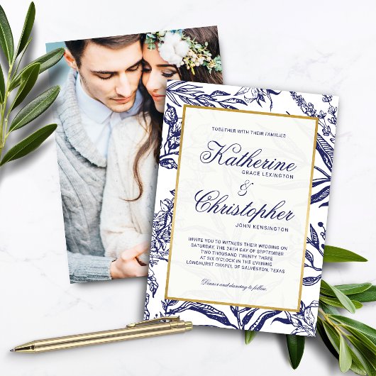 Elegant Navy Blue Gold Botanical Foto Weddenschap Kaart
