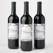 Elegant Navy Blue Gold Botanical Weddenschap Wijn Etiket (Flessen)