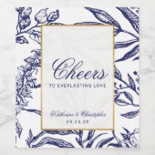 Elegant Navy Blue Gold Botanical Weddenschap Wijn Etiket (Enkel label)
