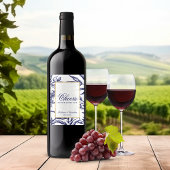 Elegant Navy Blue Gold Botanical Weddenschap Wijn Etiket