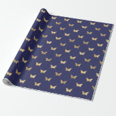 Elegant Navy Blue Gold Butterfly Pattern Cadeaupapier (Uitgerold)