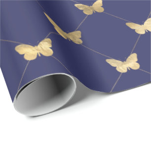 Elegant Navy Blue Gold Butterfly Pattern Cadeaupapier