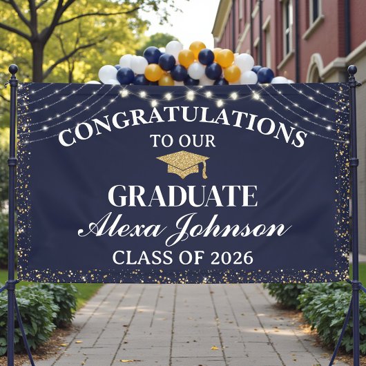Elegant Navy Blue Gold Class Of 2026 Graduation Spandoek