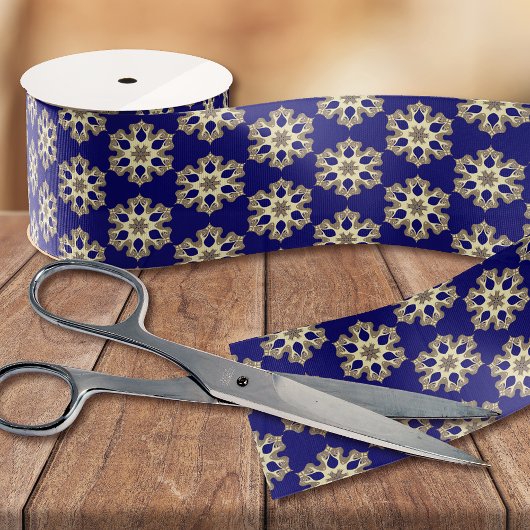 Elegant Navy Blue & Gold Classy Chic Floral Print Grosgrain Lint