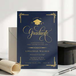 Elegant Navy Blue Gold College Graduation Aankondiging