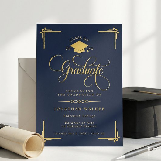Elegant Navy Blue Gold College Graduation Aankondiging