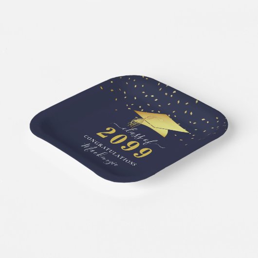 Elegant Navy Blue Gold Confetti Script Afstuderen Papieren Bordje (Gebogen)