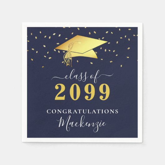 Elegant Navy Blue Gold Confetti Script Afstuderen Servet (Voorkant)