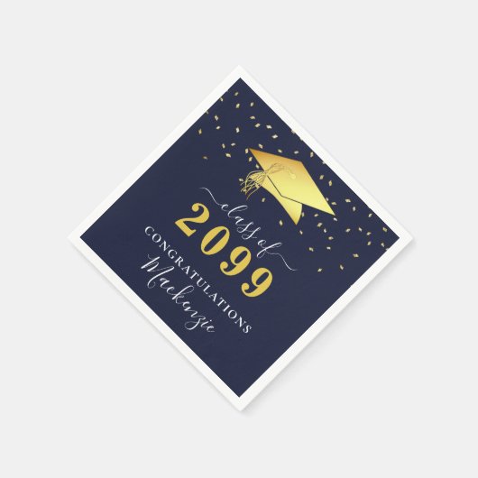 Elegant Navy Blue Gold Confetti Script Afstuderen Servet (Hoek)