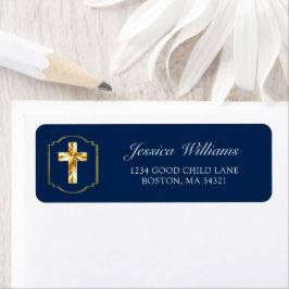 Elegant Navy Blue Gold Cross 1st Community Address Etiket