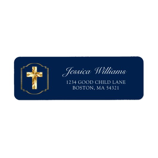 Elegant Navy Blue Gold Cross 1st Community Address Etiket (Voorkant)