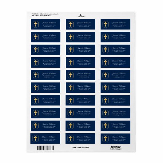 Elegant Navy Blue Gold Cross 1st Community Address Etiket (Full Sheet)