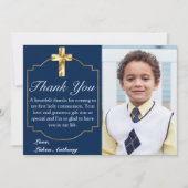 Elegant Navy Blue Gold Cross 1st Community Bedankkaart (Voorkant)