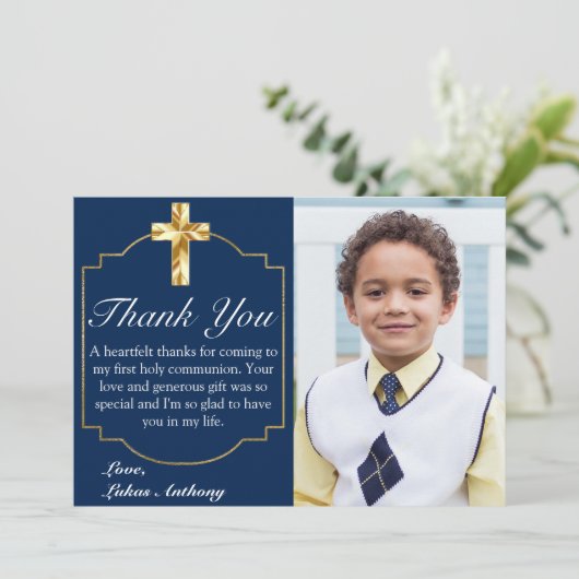 Elegant Navy Blue Gold Cross 1st Community Bedankkaart (Staand voorkant)