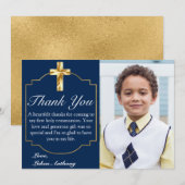 Elegant Navy Blue Gold Cross 1st Community Bedankkaart (Voorkant / Achterkant)