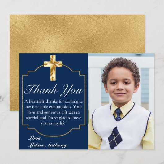 Elegant Navy Blue Gold Cross 1st Community Bedankkaart (Voorkant / Achterkant)