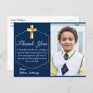 Elegant Navy Blue Gold Cross 1st Community Dank je Briefkaart