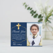 Elegant Navy Blue Gold Cross 1st Community Dank je Briefkaart (Staand voorkant)