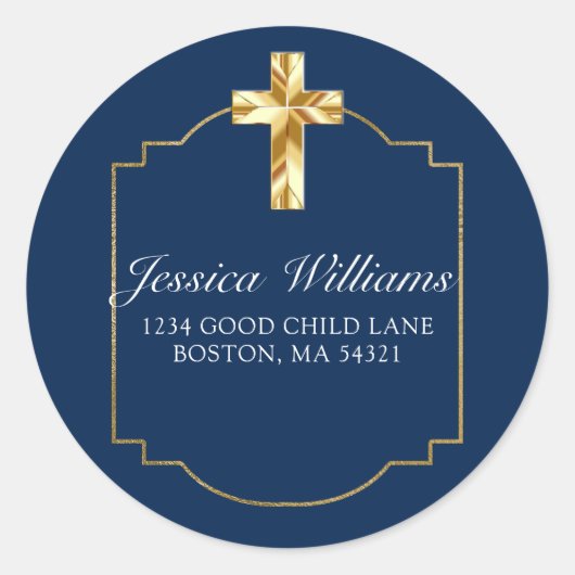 Elegant Navy Blue Gold Cross 1st Community Ronde Sticker (Voorkant)