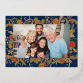 Elegant Navy Blue & Gold Custom Fotokerstmis Folie Feestdagenkaart (Voorkant)