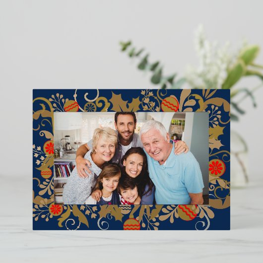 Elegant Navy Blue & Gold Custom Fotokerstmis Folie Feestdagenkaart (Staand Voorkant)