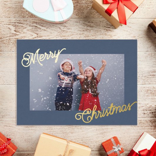 Elegant Navy Blue & Gold Custom Fotokerstmis Folie Feestdagenkaart