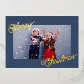 Elegant Navy Blue & Gold Custom Fotokerstmis Folie Feestdagenkaart (Voorkant)