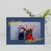 Elegant Navy Blue & Gold Custom Fotokerstmis Folie Feestdagenkaart (Staand Voorkant)