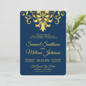 Elegant Navy Blue Gold Damask Wedding Uitnodiging (Staand voorkant)