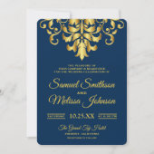 Elegant Navy Blue Gold Damask Wedding Uitnodiging (Voorkant)