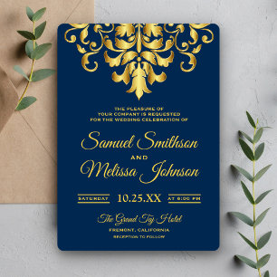 Elegant Navy Blue Gold Damask Wedding Uitnodiging