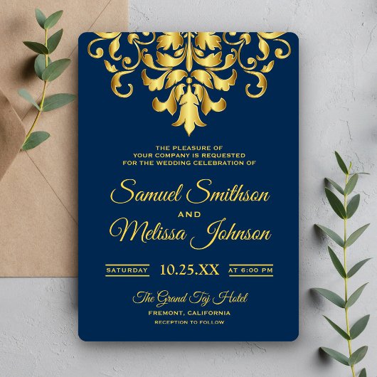 Elegant Navy Blue Gold Damask Wedding Uitnodiging