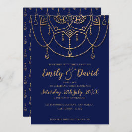 Elegant Navy Blue Gold Design Pattern Weddenschap Kaart