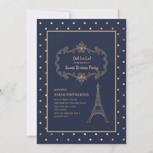 Elegant Navy Blue Gold Eiffel Tower Sweet 16 Kaart (Voorkant)