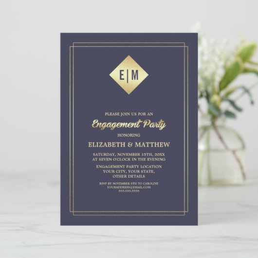 Elegant Navy Blue | Gold Engagement Party Kaart (Staand voorkant)