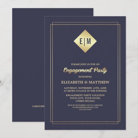Elegant Navy Blue | Gold Engagement Party Kaart (Voorkant / Achterkant)