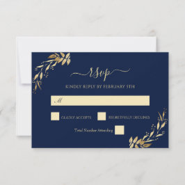 Elegant Navy Blue Gold Eucalyptus Foliage Weddensc RSVP Kaartje