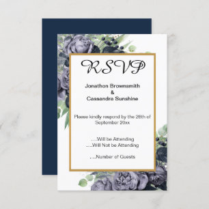 ELEGANT NAVY BLUE GOLD EUCALYPTUS ROOS RSVP KAART